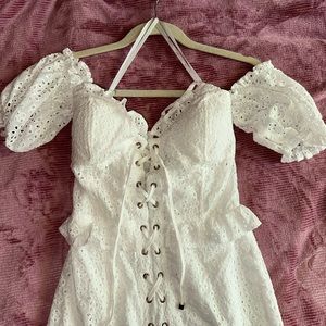cottagecore white lace up puff sleeve dress